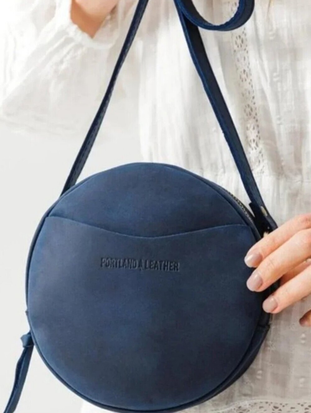 Portland Leather Goods Circle Crossbody Large Deep Water Blue Leather Bag